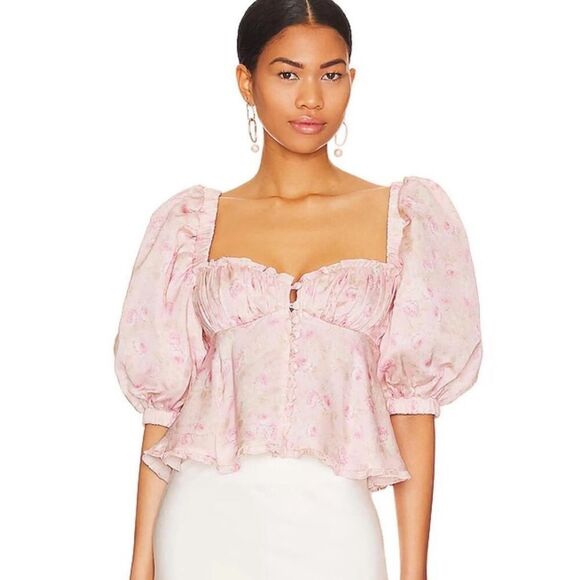 NWT For Love & Lemons Rhoda Pink Floral Puff Sleeve Blouse Size Small - Picture 5 of 12
